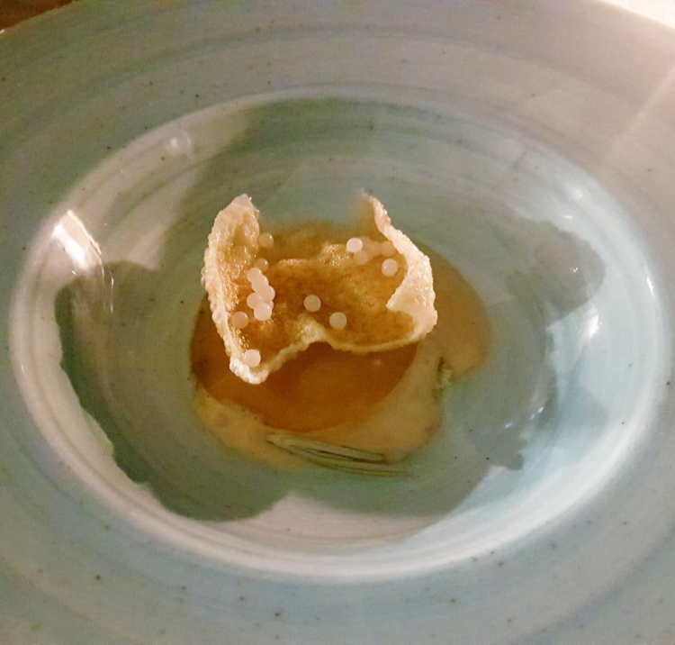 Terriccio affumicato, gelato sciolto di foie gras e gelatina di brandy Villa Zarri
