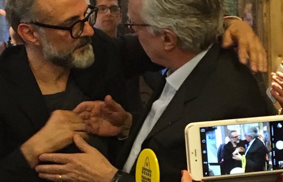 Massimo Bottura with Alain Ducasse on Tuesday, dur