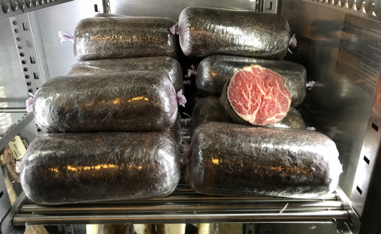 The cured rib-eye in the restaurant’s refrigerators 
