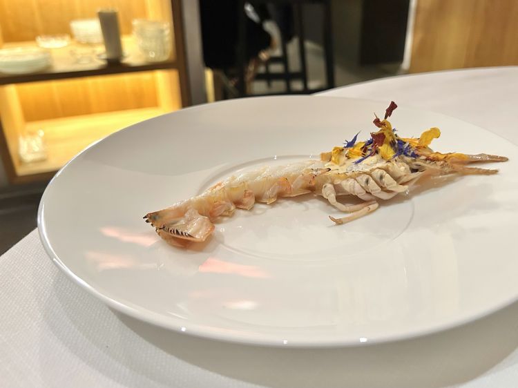 Wood-fired scampi accompanied by a sauce of dried and smoked shellfish (mussels, razor clams), and tomato juice