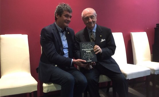 Gualtiero Marchesi alla presentazione del suo nuovo libro, l'altro giorno con l'enogastronomo Fabiano Guatteri
