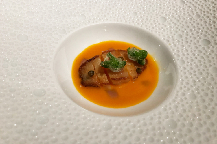 Abalone: cotto sottovuoto 5 ore, con escabeche di carota, bacche di sambuco e fiori di ficoide glaciale 
