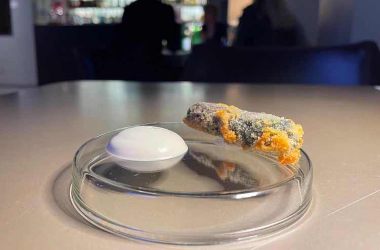 Alghe fritte con maionese di garum mediterraneo: entrée firmata da Pavan e Brutto, che in bocca si rivela un'esplosione di aromi iodati e marini
