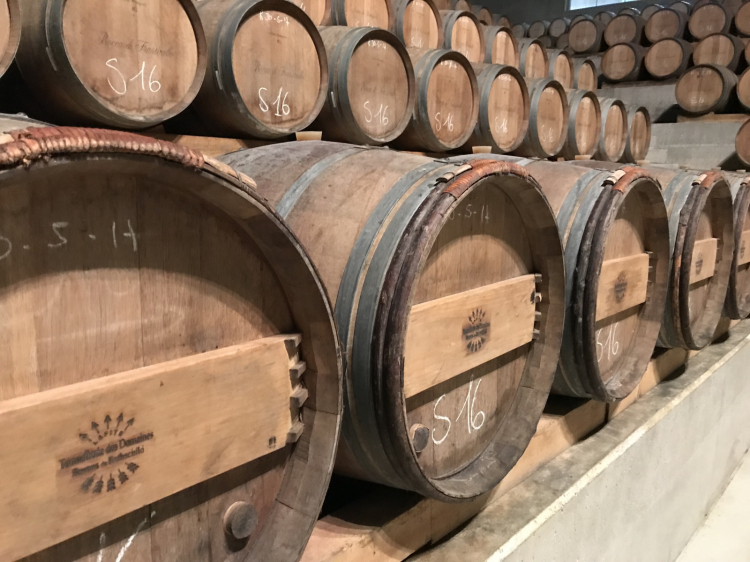 Le barriques: si può leggere sul fianco il marchio di Chateu Lafite
