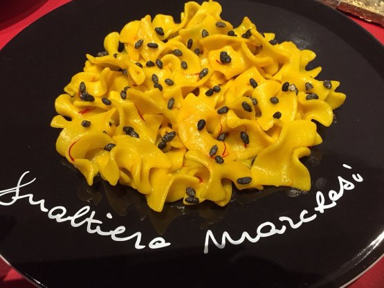 Marchesi’s dish: Pasta chips with slightly acid butter, saffron, crispy rice with black pepper. Santin prepared a Lobster salad with fish and vanilla mayonnaise 