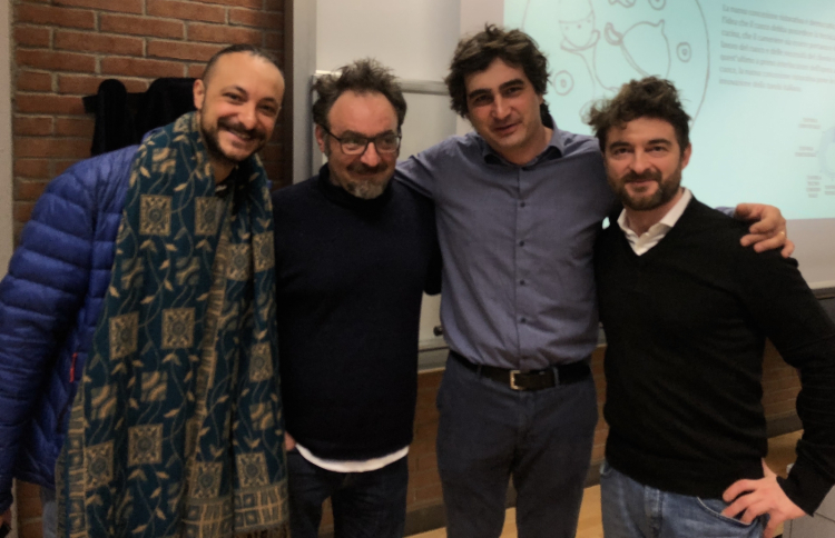 Paolo Lopriore and Luca Govoni with cooks Diego Rossi and Federico Sisti, who attended the lesson 
