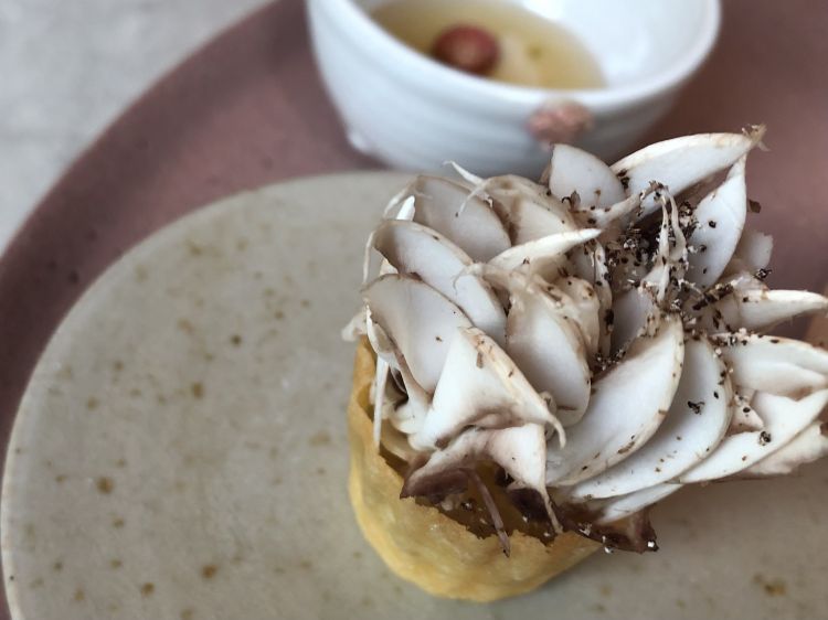 Cestino di mandorla con battuto di funghi, emulsione di funghi e anice - tra gli assaggi di benvenuto
