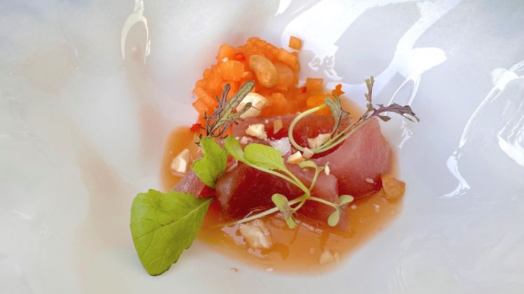 Tonno crudo in sashimi, melone, anacardi e zenzero
