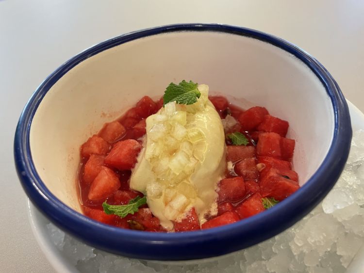 Anguria fresca, gelato al pistacchio, anguria candita