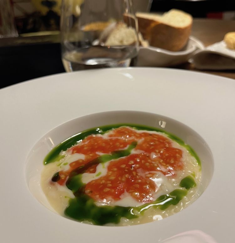 Riso acido, pecorino, olio al fico e semi di pomodoro