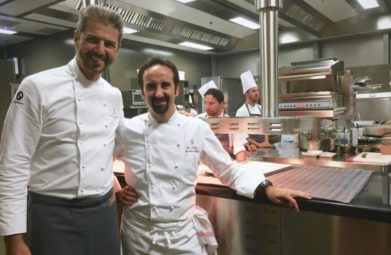 The photo of a recent four-hand dinner at Ristorante Berton in Milan, with host Andrea Berton and Vito Mollica as its protagonists
 