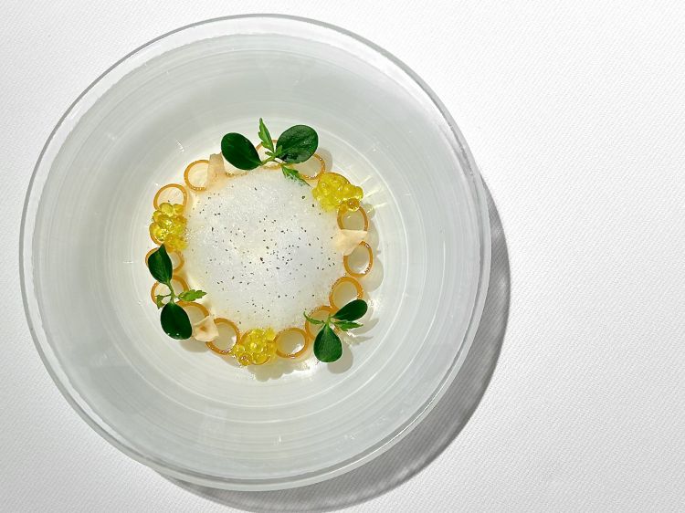 Patata: falsi ditalini di consommé di pollo, crema di patate, schiuma di Parmigiano, caviale d'olio evo. «Volevo celebrare la pasta con patate e provola che preparava mio padre»
