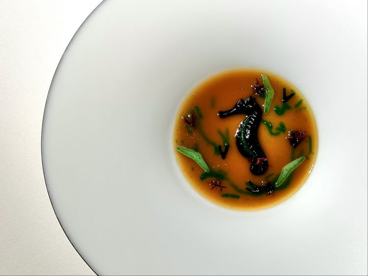 Secondo capitolo: l'acqua. Di nuovo una serie di appetizer (Ostrica Gillardeau n. 5 con limone e dragoncello; Waffle di alghe e cozze alla scapece; Crostatina con panna acida e caviale; Taco di chilli krab) e poi il piatto nella foto: Cavalluccio marino (tartare di calamari, il loro nero in gel a glassare, demi glace di alette di calamaro con alga codium liofilizzata, emulsione di spinacio)