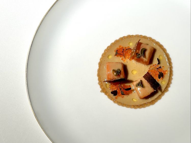 Davvero deliziosa la Trota: una trota di un piccolo allevamento locale, eccellente, quindi servita cruda (o per meglio dire solo rapidamente marinata), con salsa grenobloise, le uova, la pelle croccante e un'emulsione di limone bruciato