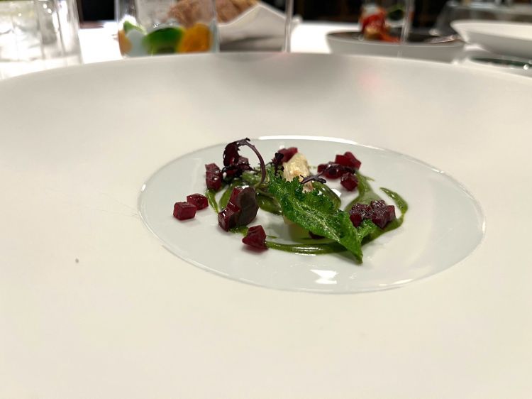 Porro alla brace, barbabietola, erba cipollina e salsa di pane Foto AC