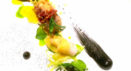 Un altro gustoso ed elegante piatto di Mantis: Il Calamaro, con patata arrosto, salicornia, finocchio e maionese di nero del cefalopode (foto Passera)
