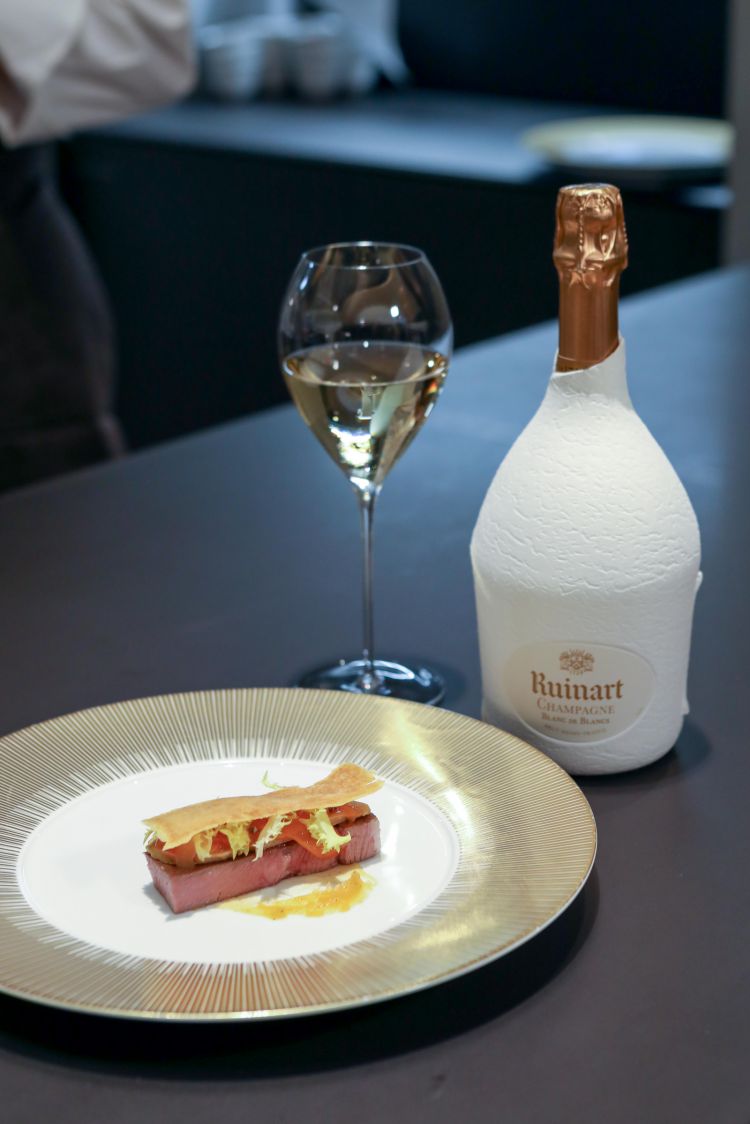 Lingua candita, terrina di foie gras e salsa di kaki Ruinart Blanc de Blancs dello chef Giuseppe Mancino
