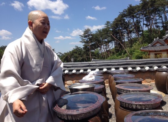 Venerable Buddhist nun Gye-Ho in front of dozens o