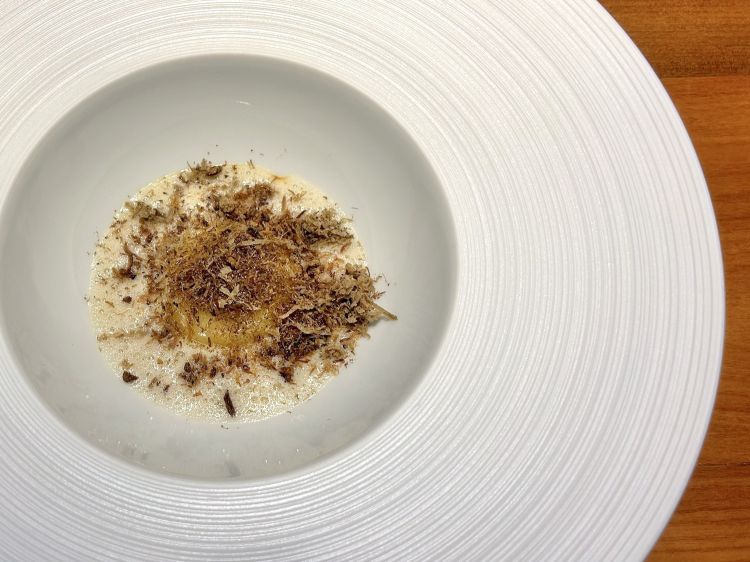 Dim di finanziera, tartufo, un omaggio al Piemonte. Raviolo di farina di riso glutinoso, all’interno ragù di creste di gallo, salsa albufera (brodo ridotto di vitello, cognac e foie gras), tartufo nero e coda di bue sfilacciata
