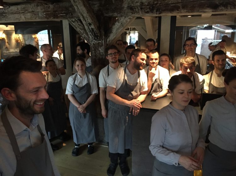 The traditional welcome given by the cooks at Noma, a trademark for the establishment that was number one in the World's 50 Best 4 times (in 2010, 2011, 2012 and 2014). In the centre, Riccardo Canella

