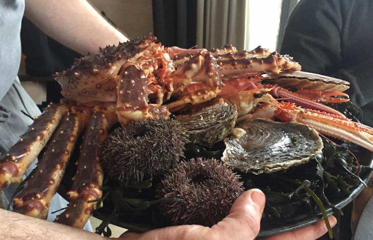 King crabs, sea urchins, oysters: Canella displays the seafood plateau on the table. We’ll return to this
