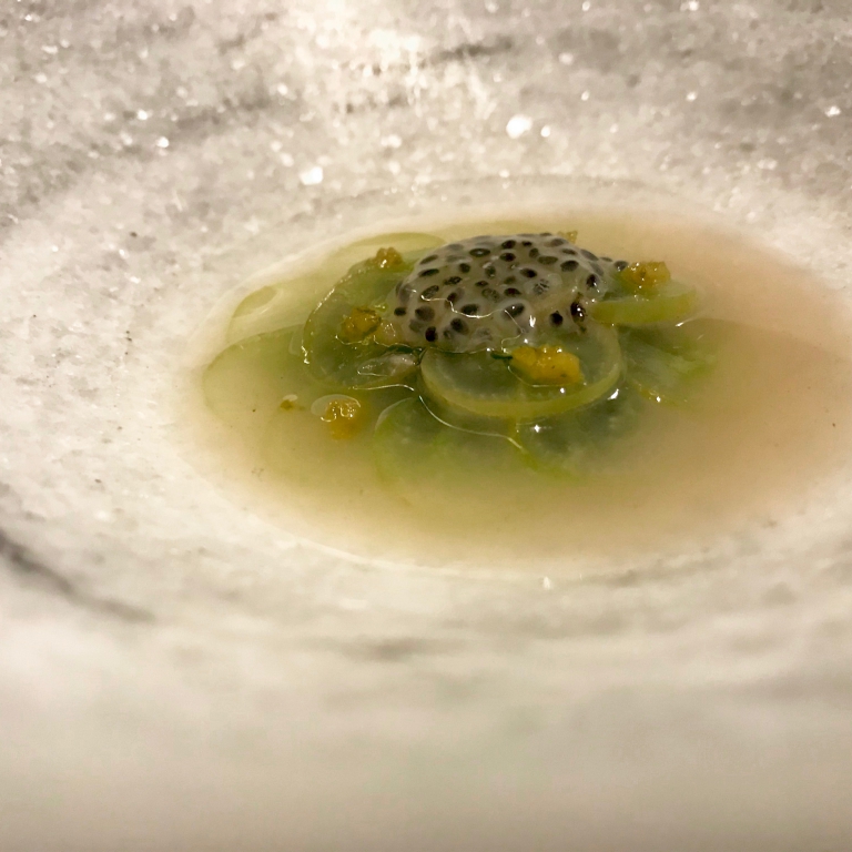 Ci si accomoda al tavolo. Il primo piatto è Recuerdos de Navidad, ossia ricordo di Natale: fermentazione lattica d'uva, kito yuzu, caviale, salamoia
