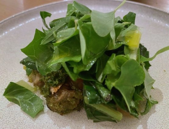 Lumache gratinate al verde, pesto di cipresso, cicoria e acetosa