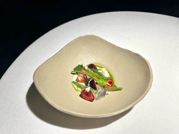 Gambero rosso di Mazara del Vallo, fagiolini, ciliegie, salsa di kefir di pecora, olio all’aneto e ostriche