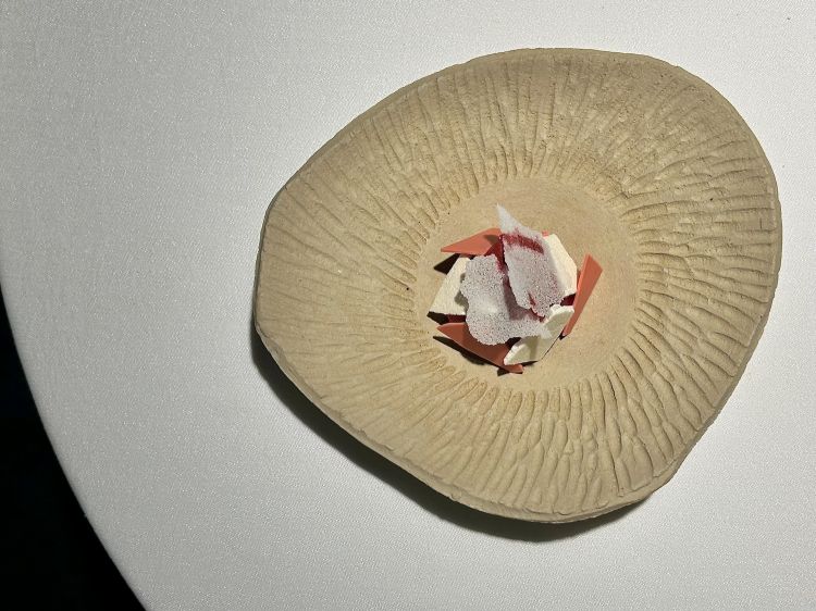 Mandorla, rabarbaro e rosa di Damasco: alla base cremoso alla mandorla e confettura di rabarbaro, poi mele osmotizzate in sciroppo di fragole, cialde di meringhe, cioccolato bianco e cristallina croccante, sfera di alla rosa di Damasco, sorbetto alle rose e rabarbaro