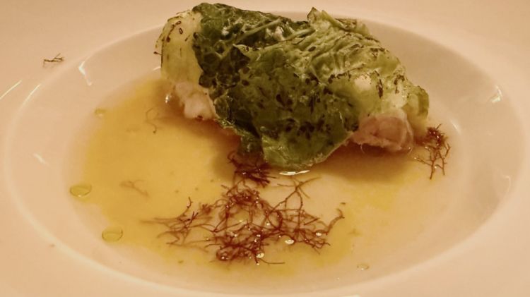 Coda di rospo in olio cottura avvolta in verza bruciata al cannello, crema di cicoria, dashi Mediterraneo e tartufo fresco