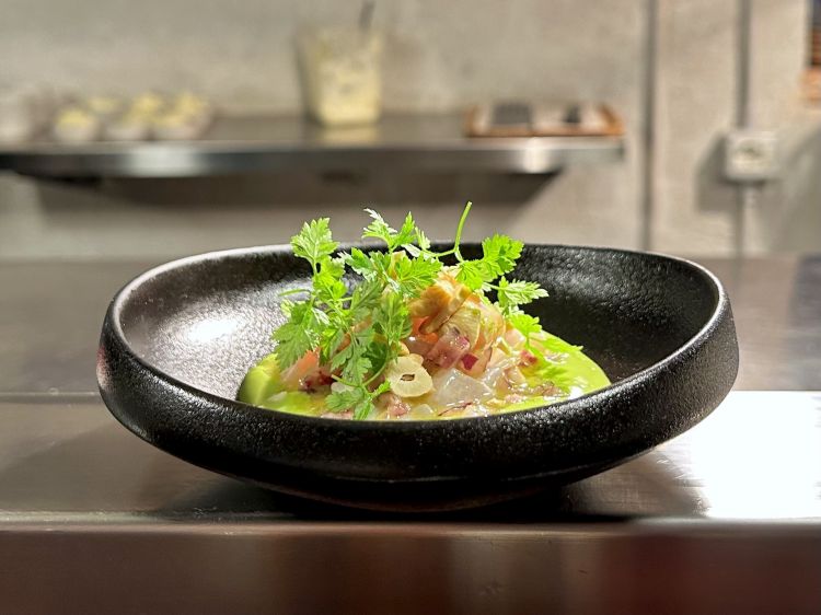 Ceviche di ombrina, cipollotto rosso di Tropea, gazpacho verde, tabasco e anacardi tostati