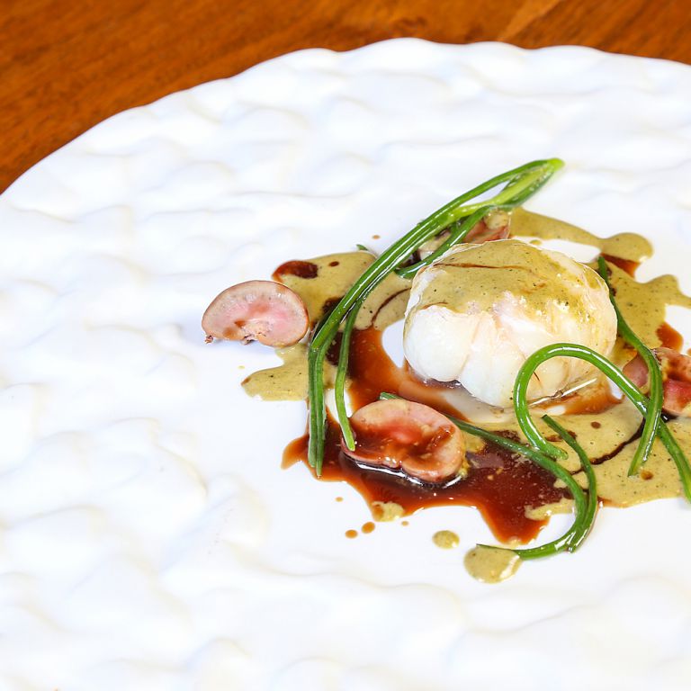 Guancia di rana pescatrice, rognoncini di coniglio, salvia e salsa bordolese