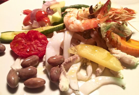 Seafood salad at Buonumore: verdesca, horse mackerel, ray, sparnocchia...
