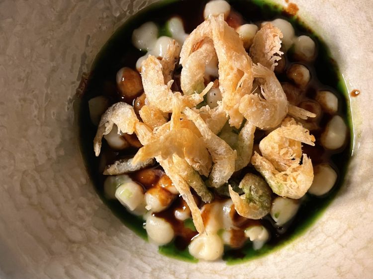 Lumachine, fagioli zolfino e gambero bianco del Mediterraneo