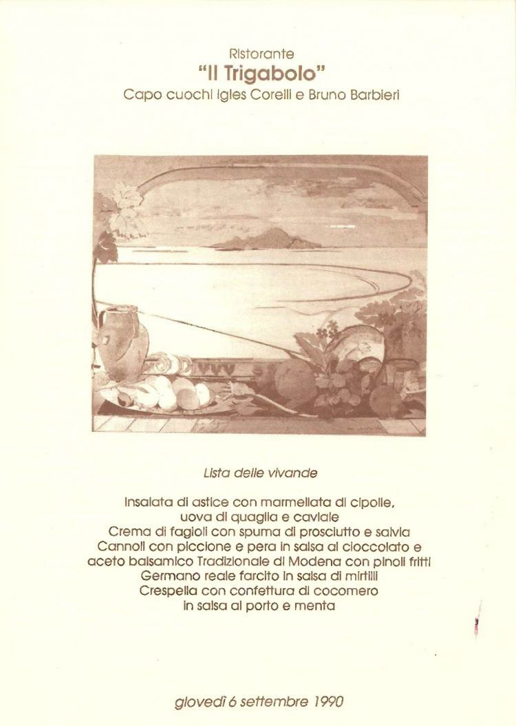 Il menu firmato da Igles Corelli e Bruno Barbieri per la prima edizione di Saperi e Sapori, anno 1990. Ringraziamento alla Biblioteca comunale di Argenta