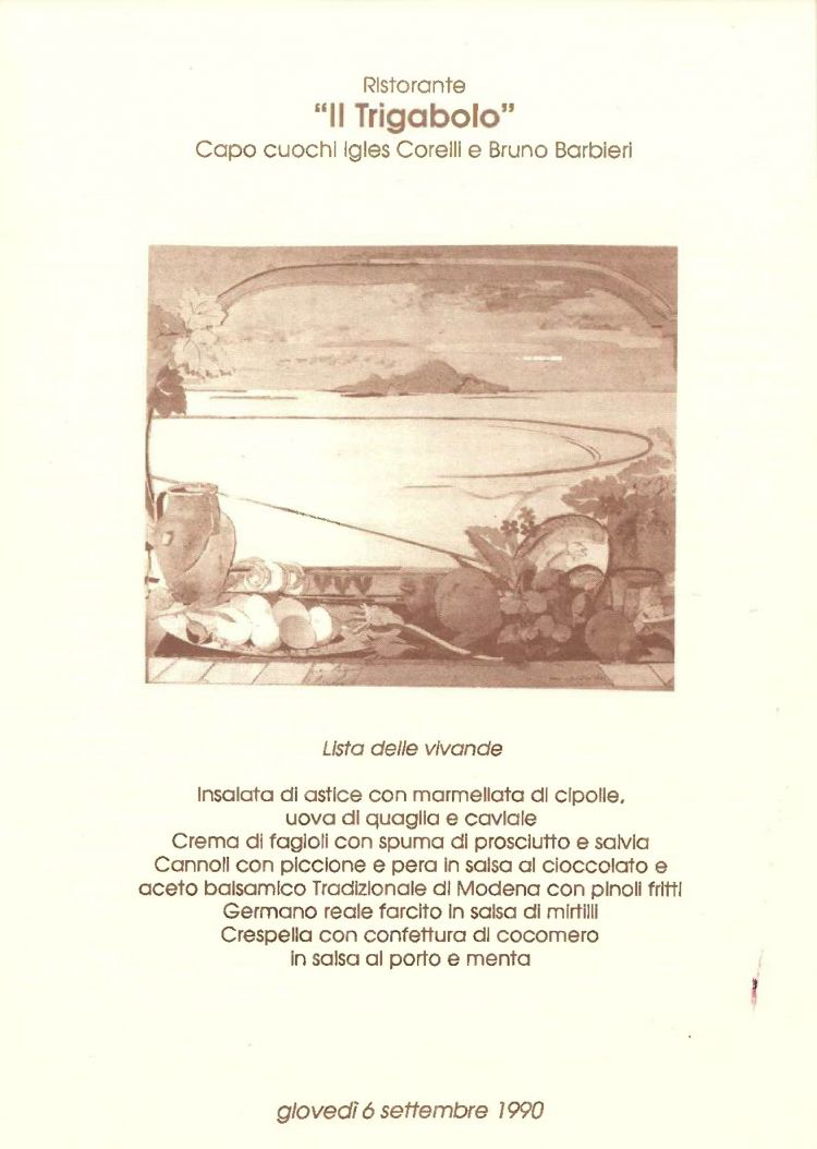 Il menu firmato da Igles Corelli e Bruno Barbieri per la prima edizione di Saperi e Sapori, anno 1990. Ringraziamento alla Biblioteca comunale di Argenta