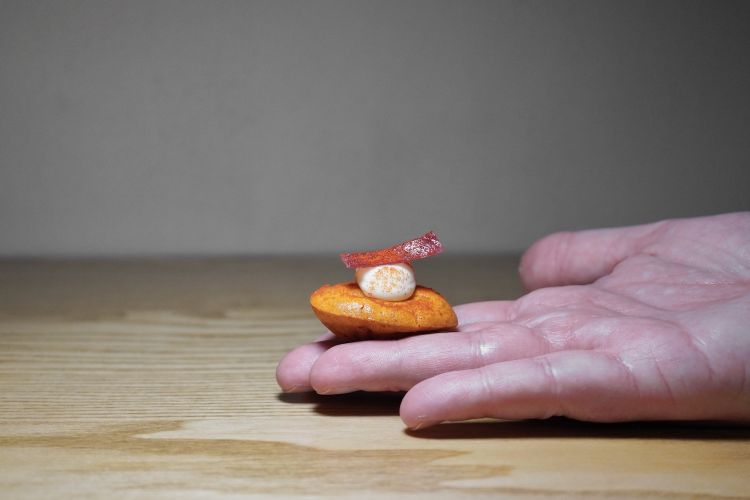 Madeleine salata alla 'nduja, maionese, cipolla caramellata e paprika