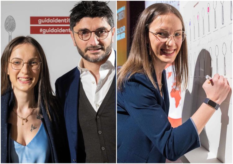 Jessica Rocchi con Andrea Aprea e, a destra, premiata come Miglior Sommelier (premio in collaborazione con Guido Berlucchi) durante la presentazione della nostra Guida di Identità Golose ai Ristoranti d'autore 2023