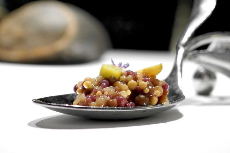 A marvellous, delicious, extraordinary, super-dish: Olivada, micro-spheres of olives of different cultivars (Aloreña, Cordobesa, Verdial, Kalamata, Cornicabra). On the base, a sorbet of Arbequina olives, then a sheet of Gordal olive and finally piparra, Basque sweet chilli (2018)
