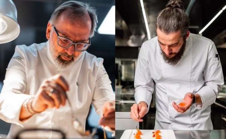 Norbert Niederkofler, chef tristellato tutta natura alpina, un tempo in Alta Badia e da luglio 2023 a Brunico, e a destra Michele Talarico, chef del complesso del Kosmo taste the mountain a Livigno che si ispira al profondo lavoro del sud titolese
