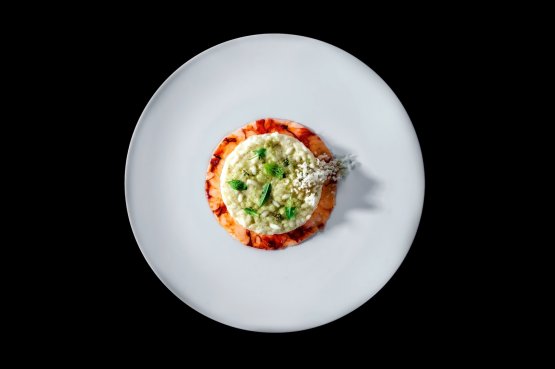 Risotto prematuro, fragole verdi, gamberi rossi di Sicilia, Birra Moretti Radler Chinotto