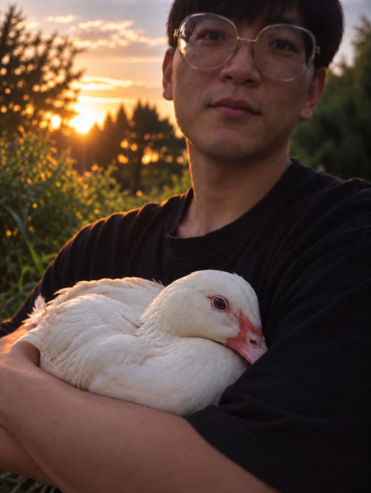 Francesco Zhu, il fondatore di LagoPratese, con una delle anatre del suo allevamento.
