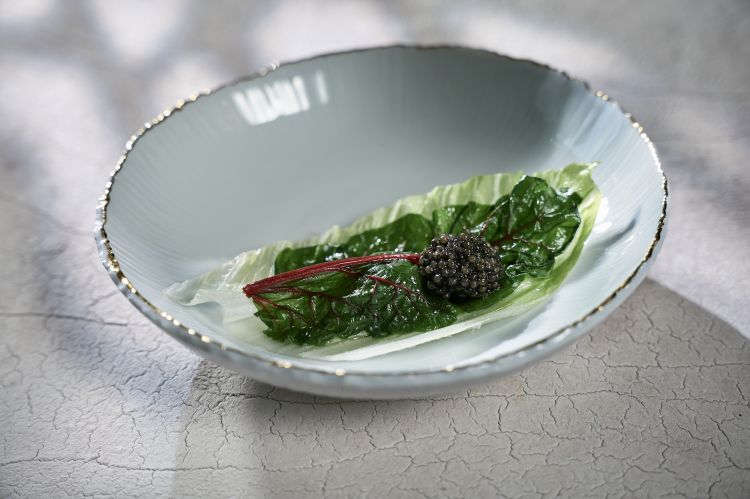 Le foglie del giardino - &laquo;Foglie del giardino, in questo momento il radicchio e la bietola, farcite con un piccolo uovo di quaglia che proviene da una fattoria qui in Slovenia. Alla base un'emulsione di tuorlo d'uovo leggermente affumicato, in cima l'ultimissimo tartufo nero della stagione, istriano&raquo;. La foto si riferisce a una composizione dello stesso piatto con elementi diversi, in base alla stagione
