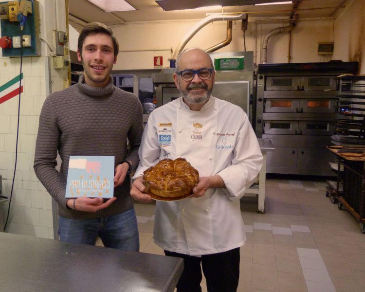Da sinistra, Leonardo Cai e il pasticcere Massimo Peruzzi: rifacendosi all'antica arte del riuso dei tessuti, hanno elaborato il Pan di stracci, dolce da forno, che recupera gli avanzi del pan brioche dell'impasto dei cornetti