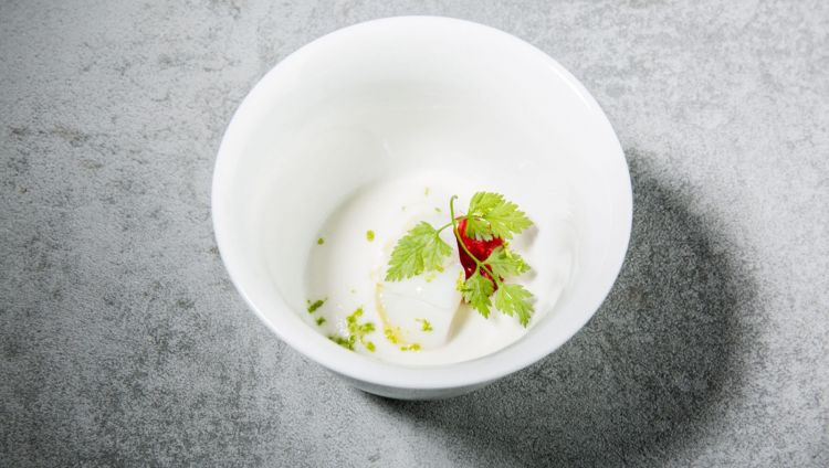 Entrée: Seppia, crema di mandorla, lampone salato, scorza grattuggiata di lime