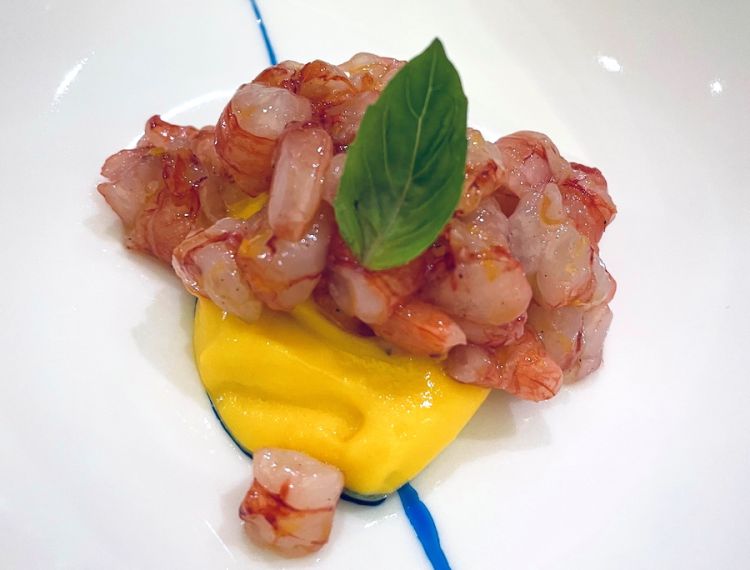 Tartare di gambero rosso servita su sorbetto di mango biologico
