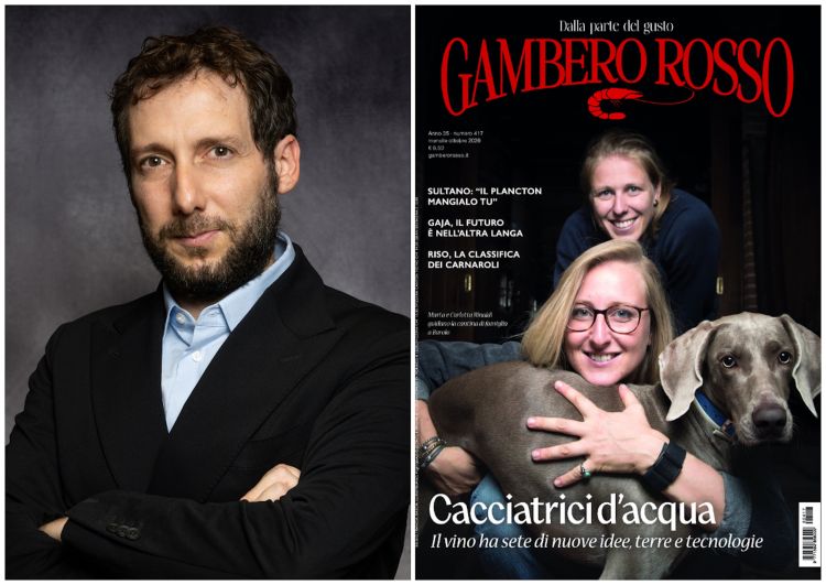 Il direttore Lorenzo Ruggeri e, a destra, la copertina dell'ultimo numero del Gambero Rosso