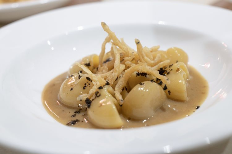 Lumache di grano duro Senatore Cappelli, sugo d'arrosto di canocchia, schiuma di mare, polvere di foglie di limone