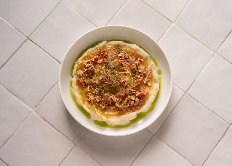 Mantecato di baccalà, pompelmo e semi di zucca