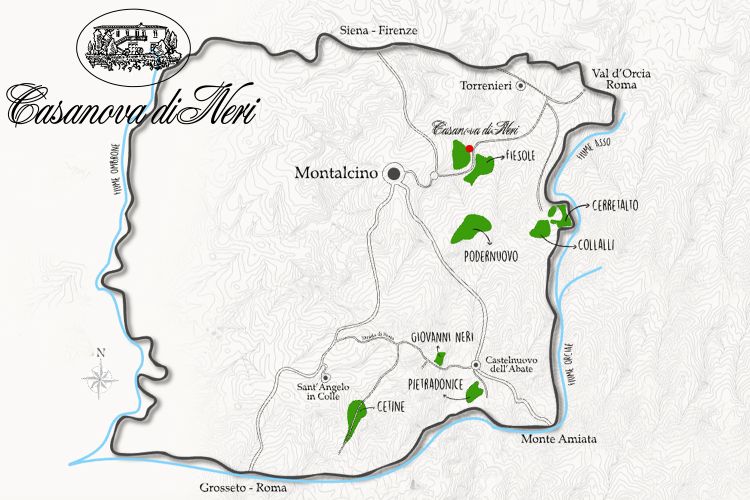 La mappa dei vigneti di Casanova di Neri all'interno dei confini di Montalcino